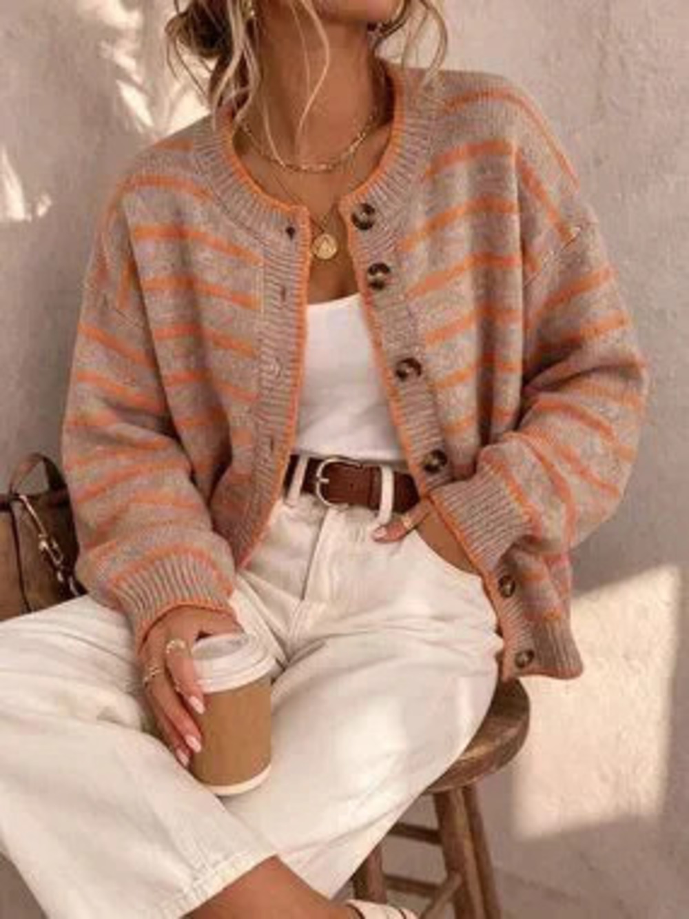 Khaki Casual Women's Single-Breasted Contrast Striped Long Sleeve Knit Cardigan